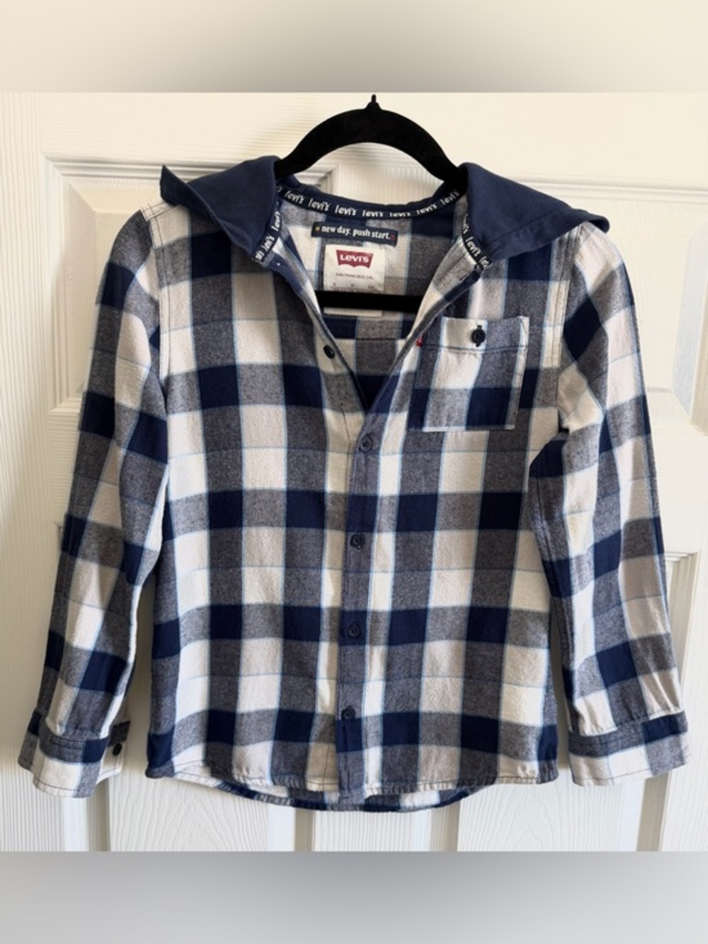Levi's Boys Navy & White Plaid Hooded Button-Down Shirt